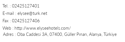 Elysee Hotel telefon numaralar, faks, e-mail, posta adresi ve iletiim bilgileri